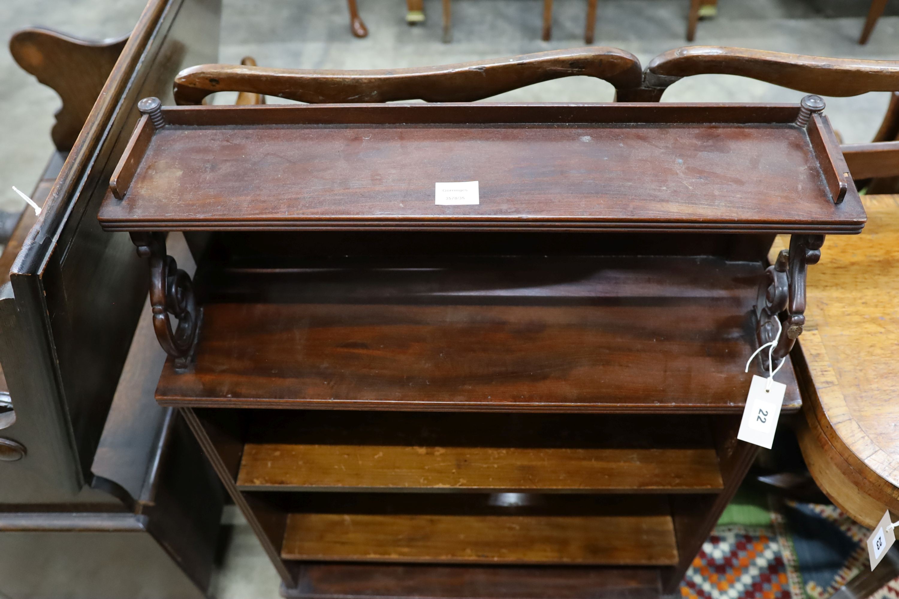 A small Regency style mahogany open bookcase, length70cm, depth 24cm, height 98cm